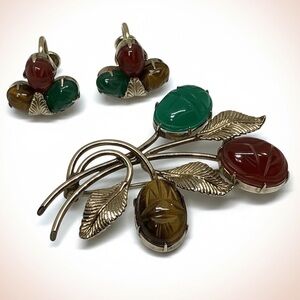 Vintage WRE Scarab Brooch Earrings Set 12K GF Etched Stones Mid Century